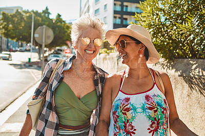 Buy stock photo Love, friends and old women on vacation, outdoor and break with casual outfit, sunglasses and happiness. Senior citizens, mature females and summer holiday to relax, rest and quality time together