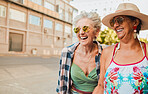 Friends, elderly women and travel, adventure in city and happiness, freedom outdoor with laughter. Happy, retirement and vacation in California, urban and smile with fashion, sunglasses and mockup