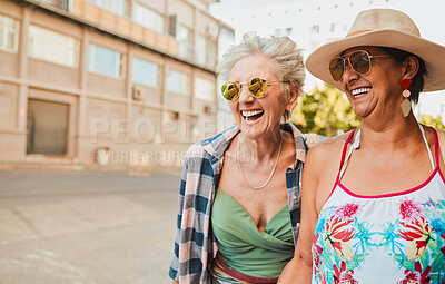Buy stock photo Friends, elderly women and travel, adventure in city and happiness, freedom outdoor with laughter. Happy, retirement and vacation in California, urban and smile with fashion, sunglasses and mockup