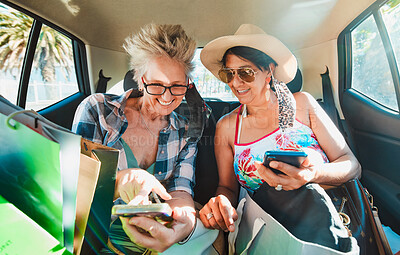 Buy stock photo Travel, phone and senior women in car for gps mobile app on retirement holiday, vacation and journey. Adventure, road trip and happy elderly friends in motor vehicle with smartphone for social media
