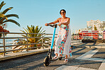 Electric scooter, retirement and smile, woman on summer ride at tropical island beach resort for happy vacation. City, street and eco friendly transport, fun grandma on escooter on holiday in Hawaii.