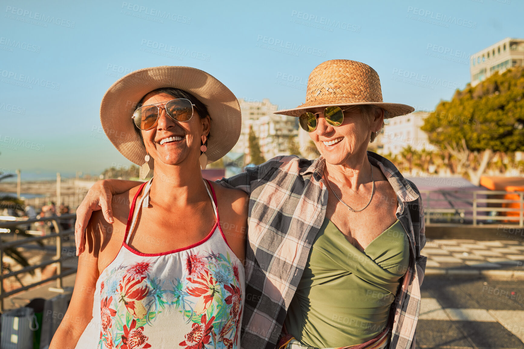 Buy stock photo Summer, senior friends and women at beach day on weekend, retirement holiday and vacation. Travel, friendship and smile, happy and excited elderly females on adventure, freedom and relax in Miami