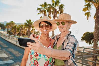 Buy stock photo Happy friends, selfie and holiday smile in Miami with happiness from summer travel and vacation. Beach, mobile connection and online mature women by the sea with happiness on 5g for social media