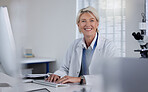 Science portrait, computer and senior woman typing report of healthcare innovation, lab research or medical analysis. Clinic laboratory, medicine study and scientist happy for hospital development 