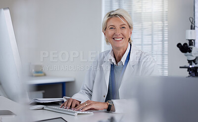 Buy stock photo Science portrait, computer and senior woman typing report of healthcare innovation, lab research or medical analysis. Clinic laboratory, medicine study and scientist happy for hospital development 