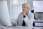 Science, computer and female scientist working on research, experiment or test for a project in lab. Technology, professional and senior woman scientific expert doing an analysis on pc in laboratory.