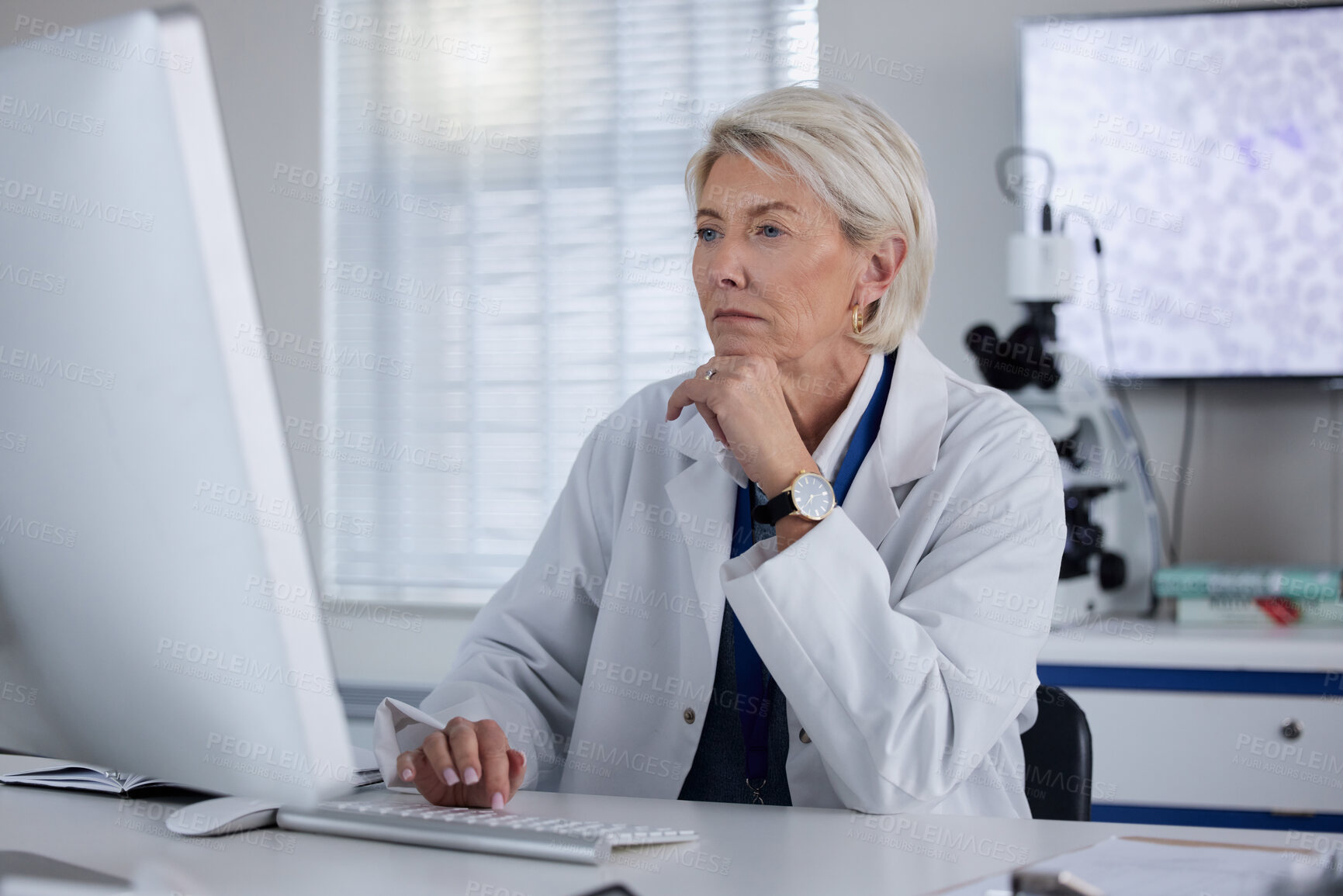 Buy stock photo Science, computer and female scientist working on research, experiment or test for a project in lab. Technology, professional and senior woman scientific expert doing an analysis on pc in laboratory.