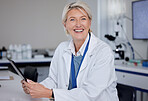 Portrait, doctor and senior woman with tablet in laboratory for science or medical research. Scientist, technology and smile of happy elderly female researcher from Canada holding digital touchscreen