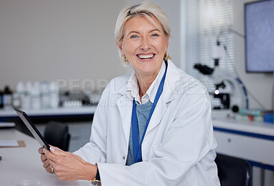 Buy stock photo Portrait, doctor and senior woman with tablet in laboratory for science or medical research. Scientist, technology and smile of happy elderly female researcher from Canada holding digital touchscreen