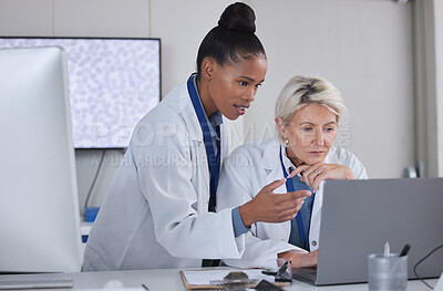 Buy stock photo Teamwork, laptop and doctors planning in laboratory for medical research for science. Cooperation, collaboration and researchers, black woman and senior female helping, discussion or brainstorming.