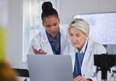 Buy stock photo Laptop, teamwork and doctors planning in laboratory for medical research for science. Computer, collaboration and researchers, black woman and senior female helping, discussion and brainstorming.