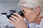 Microscope, doctor and senior woman in laboratory for research, experiment or innovation. Science, biotechnology and elderly female scientist with medical equipment for sample analysis or testing.