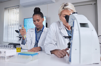 Buy stock photo Research, microscope and science women for teamwork, medical analysis of liquid in laboratory. Biotechnology, pharmaceutical medicine test and scientist or student black woman and professional senior