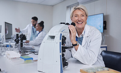 Buy stock photo Senior woman, microscope and portrait of scientist in laboratory for research, experiment or innovation. Science, medical technology and happy elderly female doctor with equipment for sample analysis