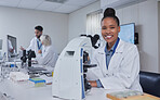 Black woman, microscope and portrait of scientist in laboratory for research, experiment or innovation. Science, technology and smile of happy female doctor with equipment for sample analysis or test