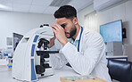 Man, microscope and scientist in laboratory for research, experiment or innovation. Science, technology and male researcher or doctor with medical equipment for sample analysis or bacteria testing.