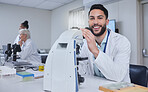 Man, microscope and portrait of scientist in laboratory for research, experiment or innovation. Science, technology or smile of happy male doctor with medical equipment for sample analysis or testing