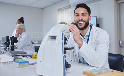 Buy stock photo Man, microscope and portrait of scientist in laboratory for research, experiment or innovation. Science, technology or smile of happy male doctor with medical equipment for sample analysis or testing