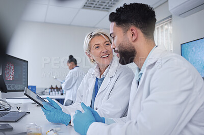 Buy stock photo Happy, teamwork or scientist working on tablet in lab for medical search, innovation or science study in lab. Medicine or doctors assistant on tech for healthcare report or wellness DNA research news