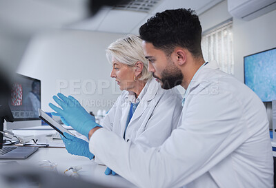 Buy stock photo Teamwork, collaboration or laboratory tablet in science research, dna engineering or innovation analytics. Mature woman, man or scientist on technology for healthcare medicine test or medical study