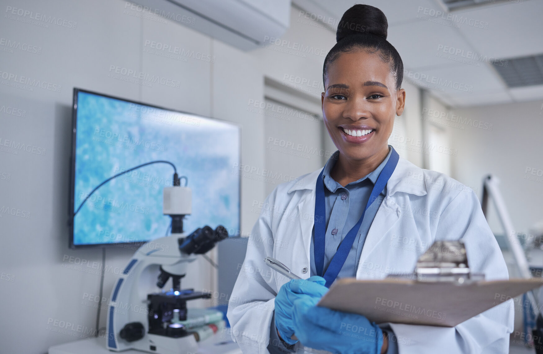 Buy stock photo Black woman, portrait or laboratory clipboard in science research, dna engineering or data analytics. Smile, happy or scientist and paper documents in medical learning, healthcare innovation or study