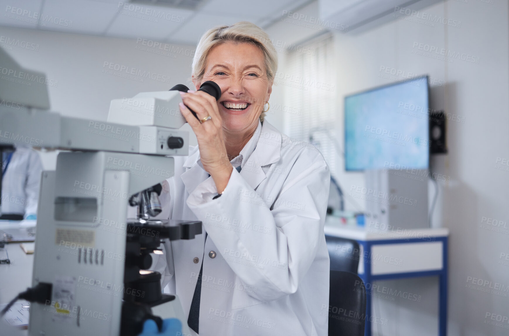 Buy stock photo Mature woman, portrait or laboratory microscope in science research, future dna engineering or bacteria analytics. Happy smile or scientist on equipment for healthcare pharmacy test or medicine study