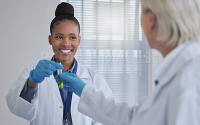 Buy stock photo Teamwork, doctors or woman with blood in test tube for success medical search, healthcare or dna research. Science, medicine lab or scientists nurse for fluid sample analysis, study or result examine