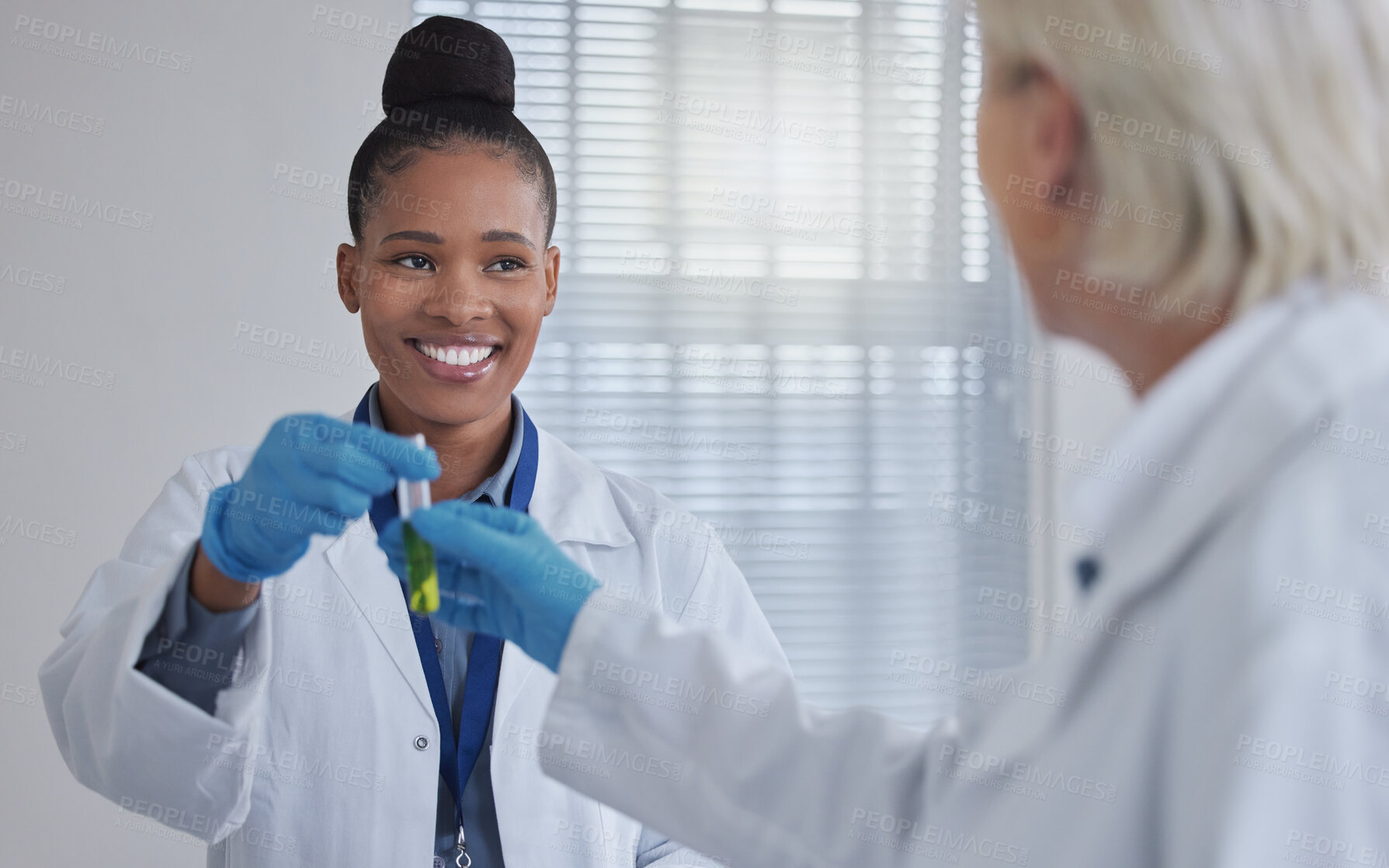 Buy stock photo Teamwork, doctors or woman with blood in test tube for success medical search, healthcare or dna research. Science, medicine lab or scientists nurse for fluid sample analysis, study or result examine