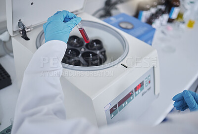 Buy stock photo Hands, test tube or laboratory centrifuge in science research, person dna engineering or data analytics. Zoom, scientist or blood vial in medical equipment, particles separation or vaccine innovation