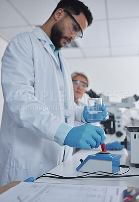 Buy stock photo Research, laboratory or man doctor with blood in test tube for medical search, healthcare or dna learning. Science, medicine lab or scientists with fluid sample analysis, study or results examine