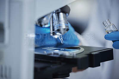 Buy stock photo Science, sample and dropper with microscope in laboratory for medicine, pharmacy or vaccine cure. Bacteria, glass slide and technology with research equipment for experiment, medical or investigation