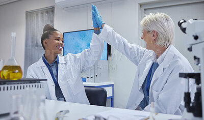 Buy stock photo High five, teamwork or doctors for success research, medicine breakthrough or partnership in lab. Science, collaboration or happy scientist for medical support, nurse goals or DNA news with smile