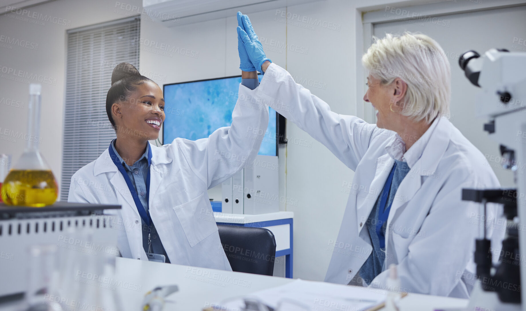 Buy stock photo High five, teamwork or doctors for success research, medicine breakthrough or partnership in lab. Science, collaboration or happy scientist for medical support, nurse goals or DNA news with smile