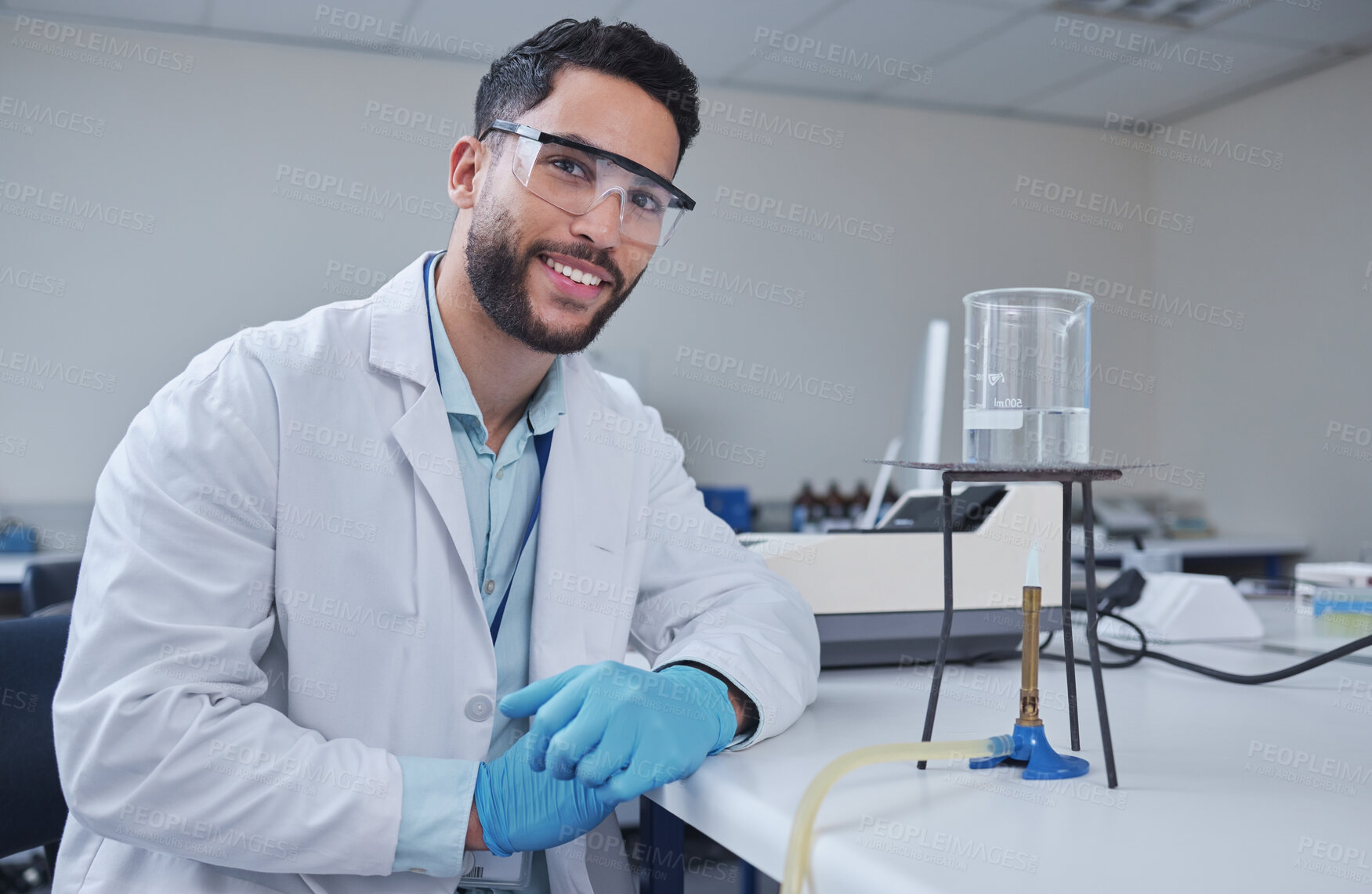 Buy stock photo Man, portrait and laboratory glass in science research, future dna engineering or innovation analytics on fire. Happy, smile and scientist beaker in healthcare pharmacy test and medical study safety