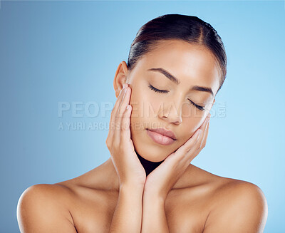 Buy stock photo Woman, beauty and eyes closed in studio for skincare, wellness and cosmetics glow from salon spa. Calm model face, facial and healthy aesthetic of laser dermatology, natural shine and transformation 