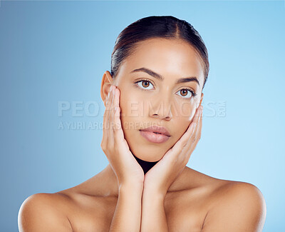 Buy stock photo Face, woman and dermatology beauty on blue background for skincare, wellness and cosmetics from salon spa. Portrait, facial and studio model with healthy aesthetic, laser results and natural shine 