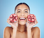 Pomegranate skincare, woman and beauty for portrait, clean wellness and studio background. Happy model, face and healthy red fruits for natural detox diet, facial nutrition and aesthetic dermatology 