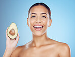 Avocado beauty, woman and portrait for skincare, healthy wellness salon and studio background. Happy model, smile and organic fruit for natural cosmetics, detox and facial nutrition of aesthetic glow