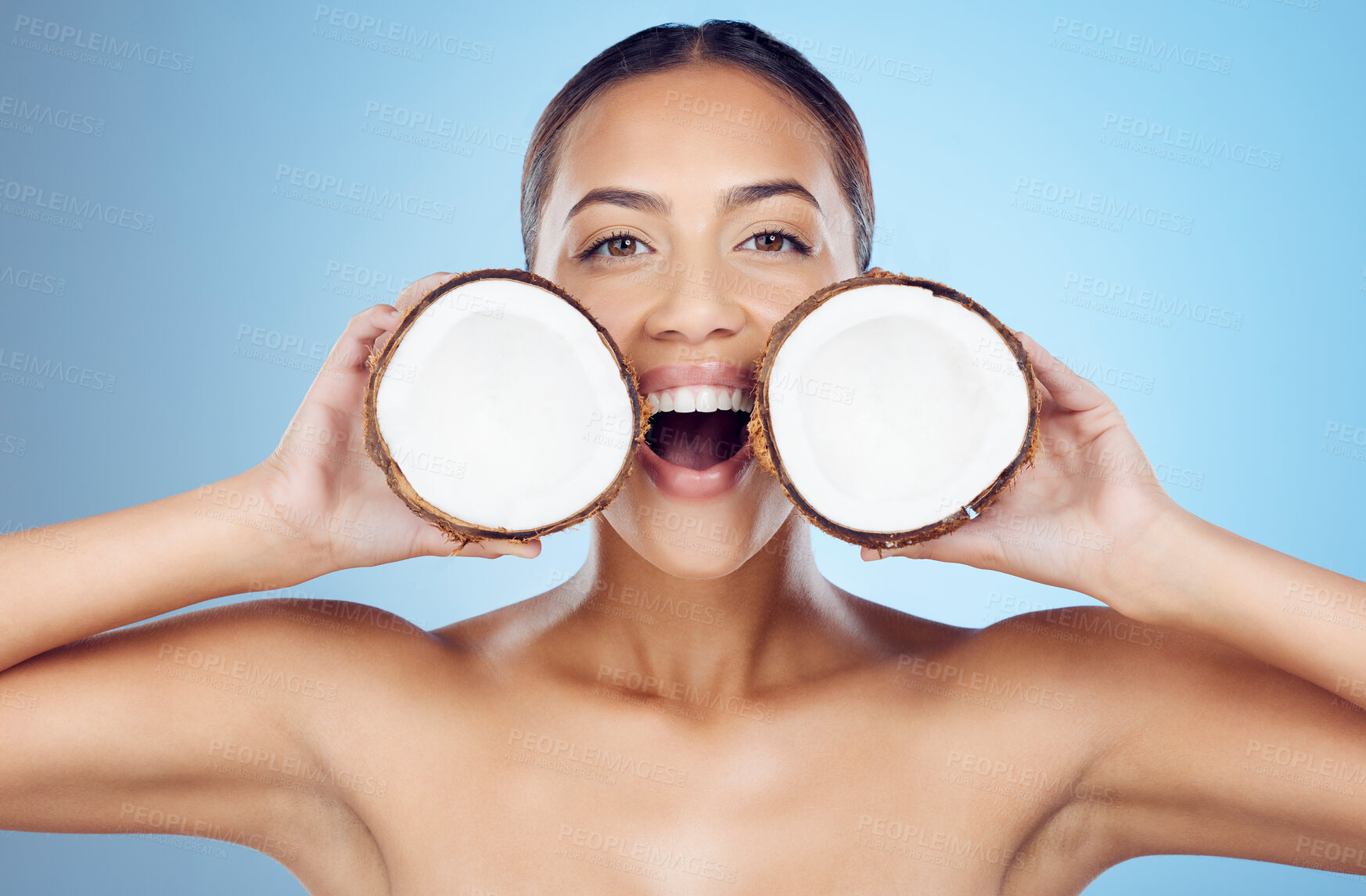 Buy stock photo Coconut skincare, woman and portrait for natural beauty, clean wellness and studio background. Excited model, tropical summer fruits and cosmetics for detox nutrition, healthy facial glow and wow