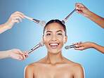 Cosmetic brush, woman and portrait for skincare, beauty tools and face treatment. Cosmetics, makeup artist and application brushed for dermatology and skin products in a studio with blue background