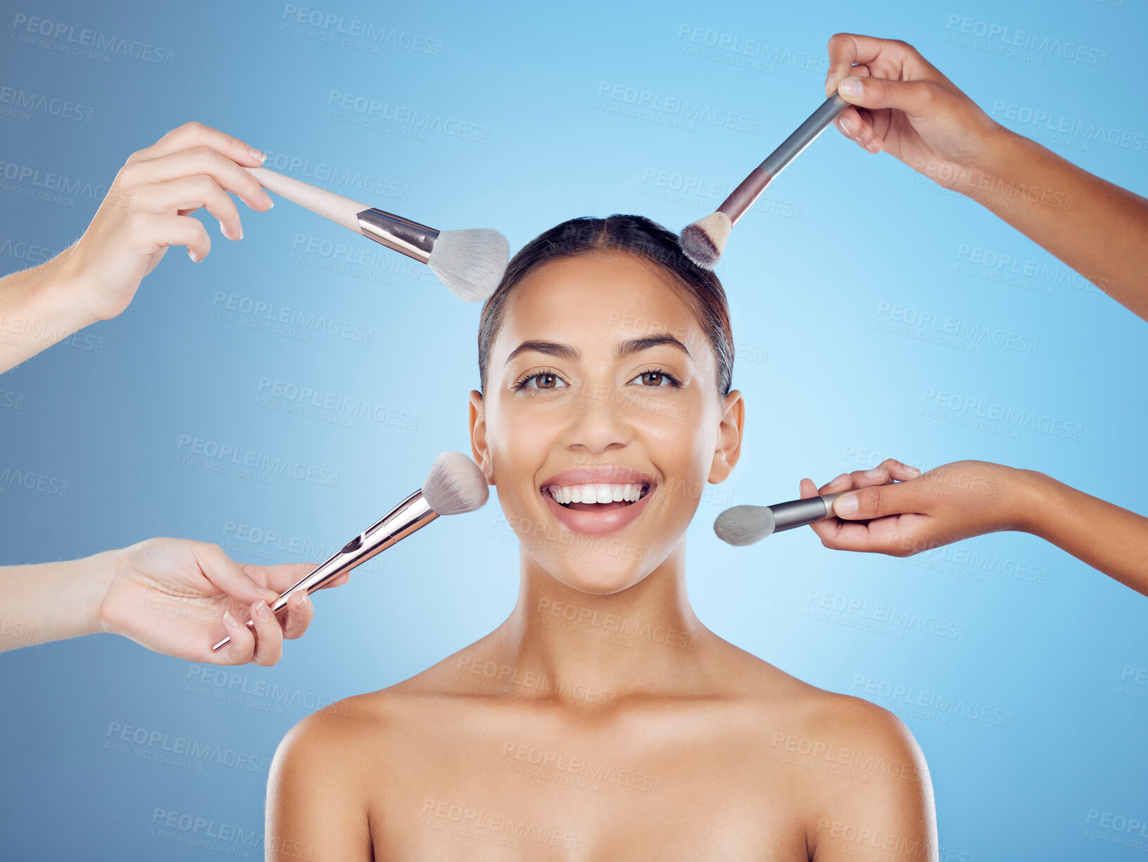 Buy stock photo Cosmetic brush, woman and portrait for skincare, beauty tools and face treatment. Cosmetics, makeup artist and application brushed for dermatology and skin products in a studio with blue background