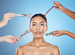 Cosmetic brush, model and portrait for wellness, beauty tools and face treatment. Cosmetics, makeup artist and application brushes for dermatology and woman products in a studio with blue background