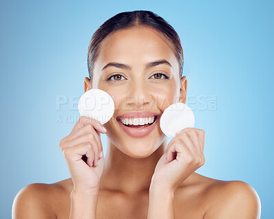 Buy stock photo Cotton, skincare and portrait of woman, cleaning and salon cosmetics on studio background. Face, toner and makeup pad for dermatology, aesthetic wellness and facial product for happy transformation 