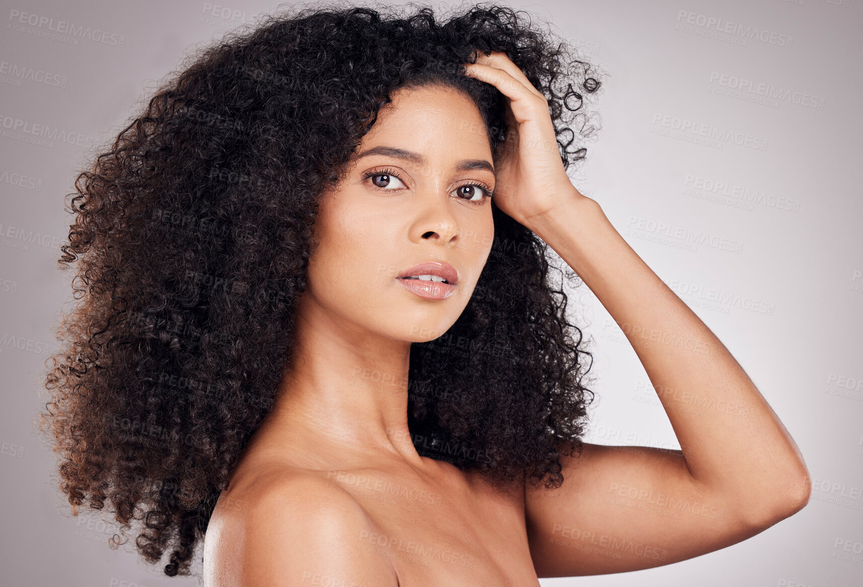 Buy stock photo Skincare, wellness and portrait of black woman in studio with natural afro hair, cosmetic or face routine. Health, beauty or girl model from Brazil for facial treatment isolated by gray background