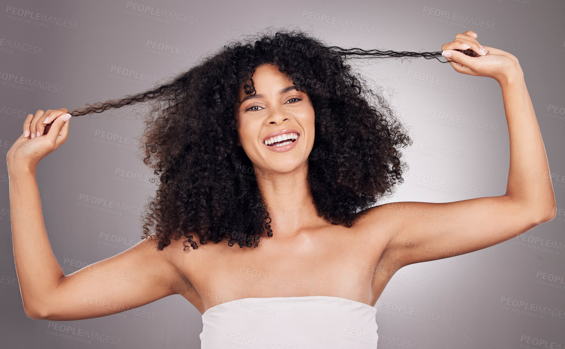 Buy stock photo Hair in hands, beauty and portrait of black woman for wellness, natural growth and curly style. Salon aesthetic, luxury cosmetics and happy girl smile holding strand for keratin treatment results