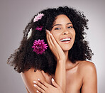 ??Skincare, face of black woman or flowers in hair studio for body wellness, luxury spa or self care. Aesthetic, beauty facial portrait or girl model with plants for cosmetics product or nature smile