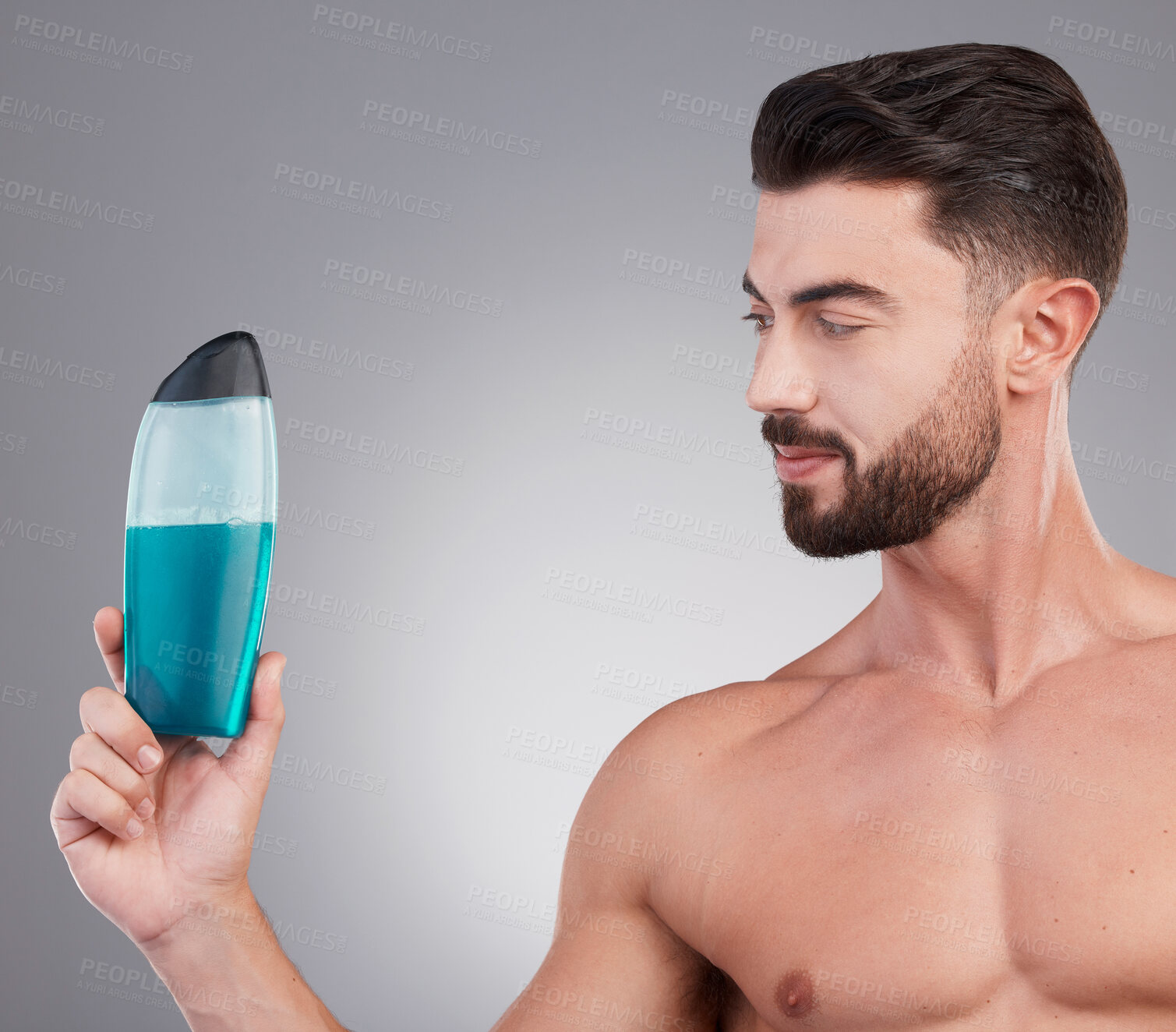 Buy stock photo Skincare, beauty and shower gel with man and product with mockup for spa treatment, wellness and hygiene. Fresh, cosmetics and hydration with model holding bottle for health, grooming and cleaning