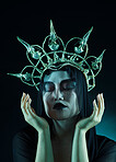 Makeup, dark art and queen woman isolated on black background for fantasy, macabre and beauty character. Vampire, fashion and crown of avatar person or model with cosmetics in night studio mockup 