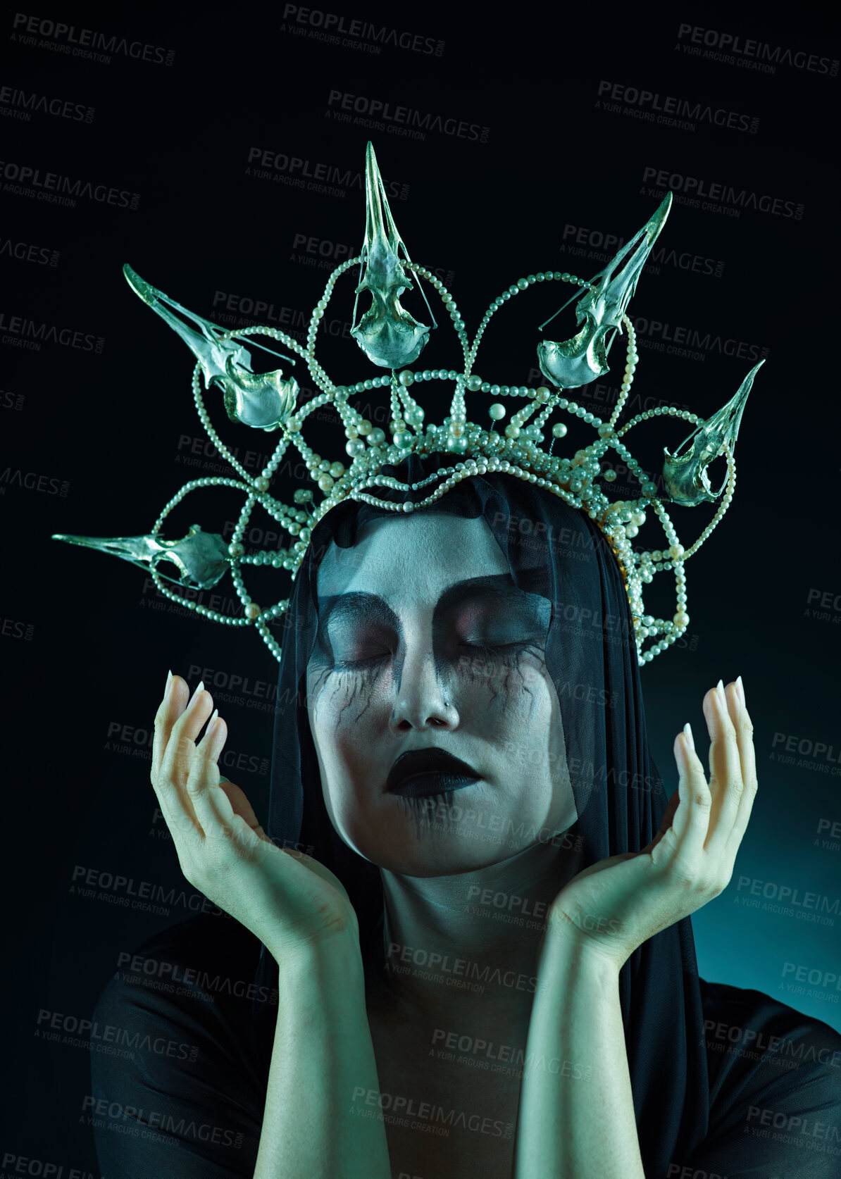 Buy stock photo Makeup, dark art and queen woman isolated on black background for fantasy, macabre and beauty character. Vampire, fashion and crown of avatar person or model with cosmetics in night studio mockup 