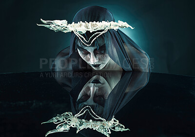 Buy stock photo Mirror, dark and fantasy with portrait of queen for evil makeup, fashion and horror art. Creative, mystery and black fabric with woman and crown for spooky, elegant and nightmare veil in studio